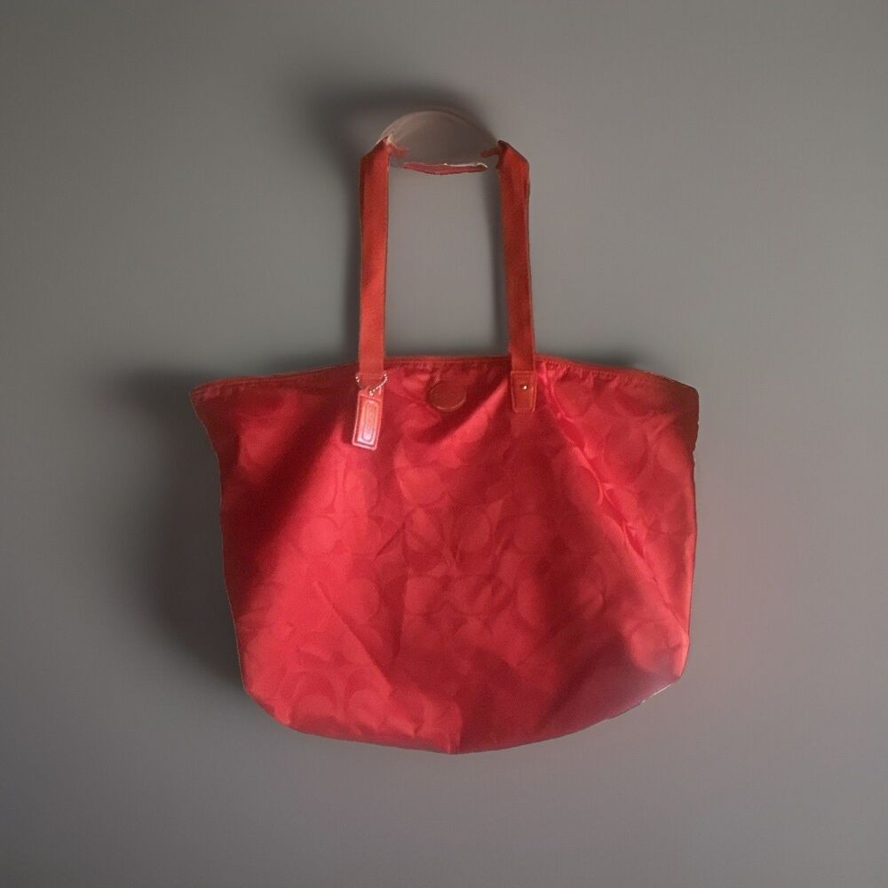 Coach Signature Canvas Large Tote  Orange Red Shoulder Purse Grannycore fashion